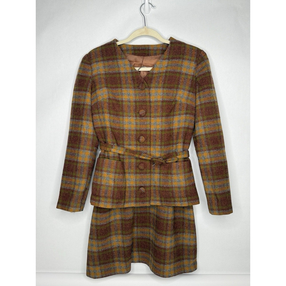 Vtg 1950s Wool Brown Plaid Suit Womens Girls Handmade XS S Petite Hollywood